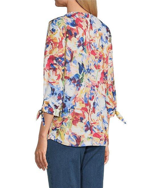 Allison Daley Petite Flower Swirl 3/4 Sleeve Keyhole Neck Knit Top Product Image
