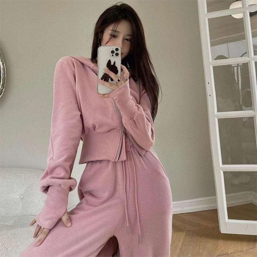 Set: Zip Hoodie + Drawstring Waist Wide Leg Sweatpants Product Image