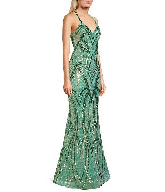 Midnight Doll Patterned Sequin Mesh Long Dress Product Image