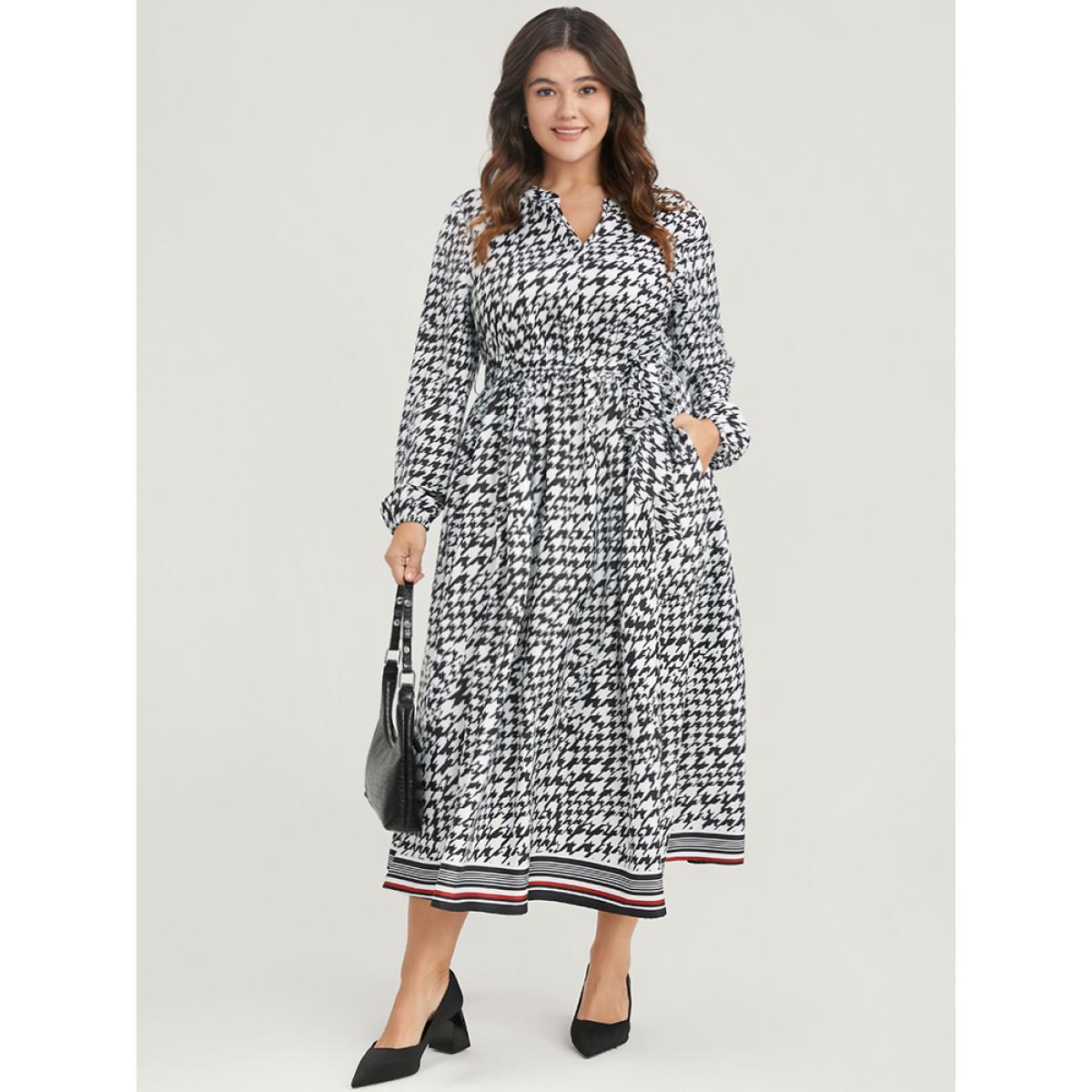 Plus Size Houndstooth Print Pocket Lantern Sleeve Belted Dress Black Women Elegant Pocket V-neck Long Sleeve Curvy Midi Dress BloomChic 10/M Product Image