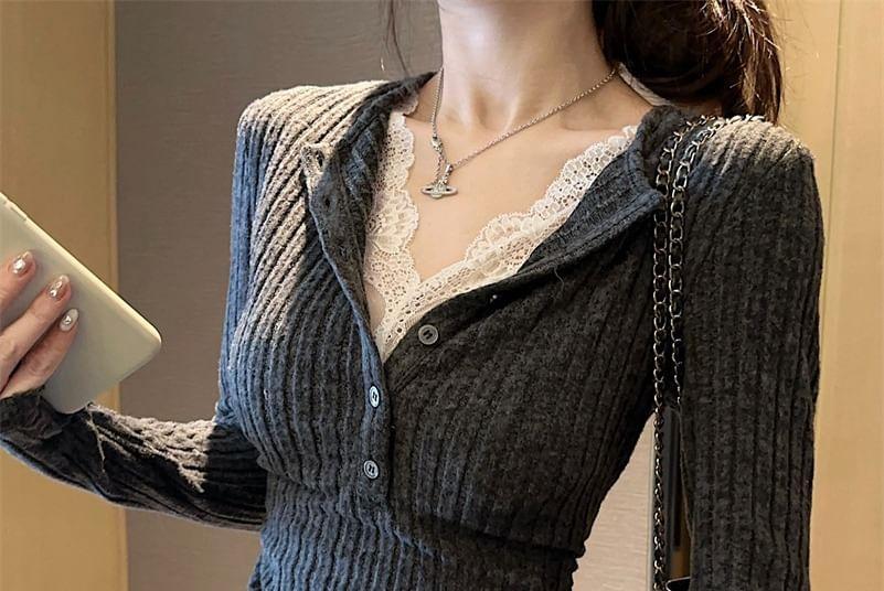 Long Sleeve V-Neck Lace-Trim Ribbed-Knit Slim-Fit Top Product Image