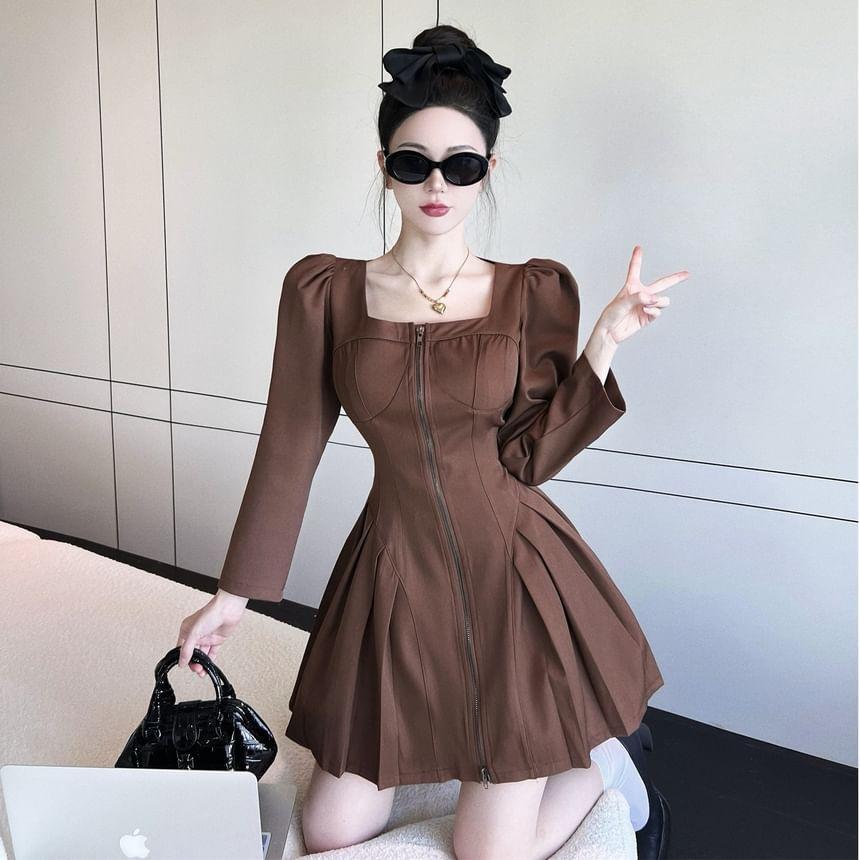 Long-Sleeve Square Neck Zip-Up Plain Mini A-Line Dress Product Image