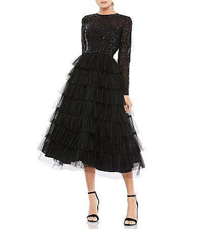 Mac Duggal Tiered Ruffle Crew Neck Long Sleeve Midi Dress Product Image