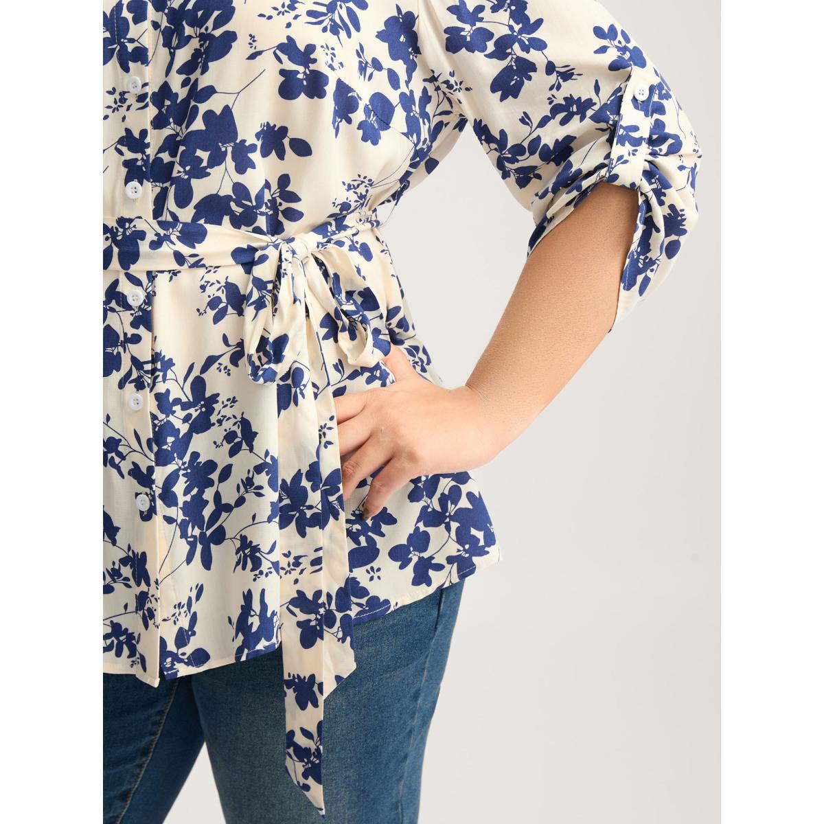 Plus Size DarkBlue Floral Print Waist-Tie Button Blouse Women Elbow-length sleeve Shirt collar Work Blouses BloomChic 18-20/2X Product Image