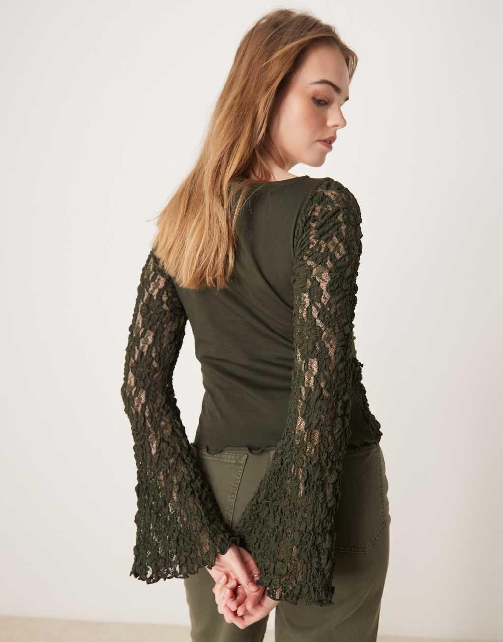 ASOS DESIGN spliced lace flute sleeve slash neck top in forest green Product Image