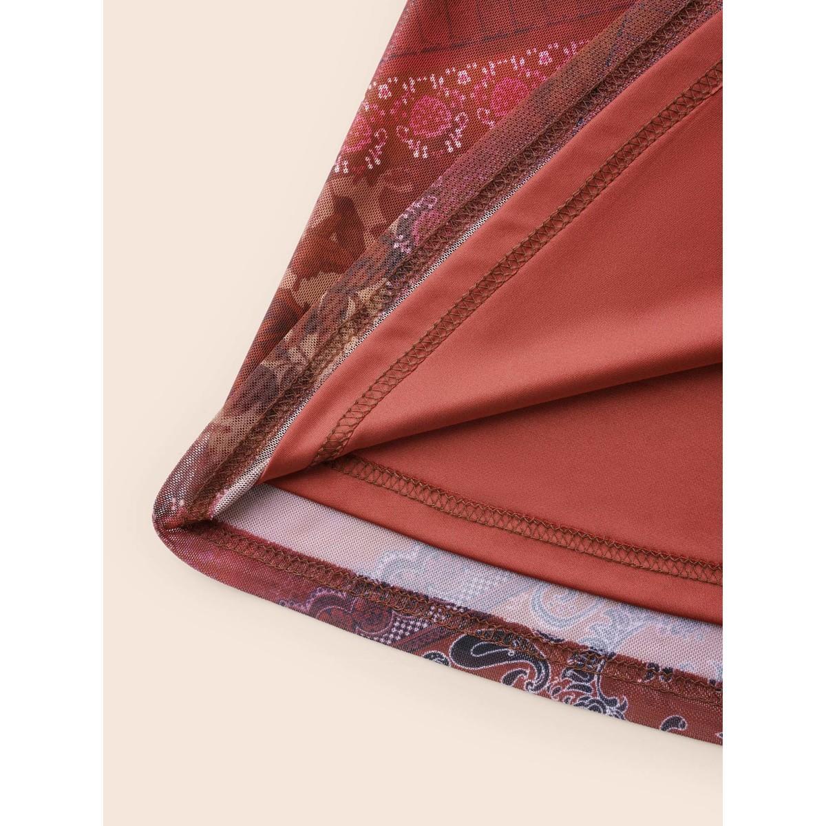 Plus Size Boho Print Belted Mesh Midi Dress Russet Women Elegant See through V-neck Long Sleeve Curvy BloomChic 22-24/3X Product Image