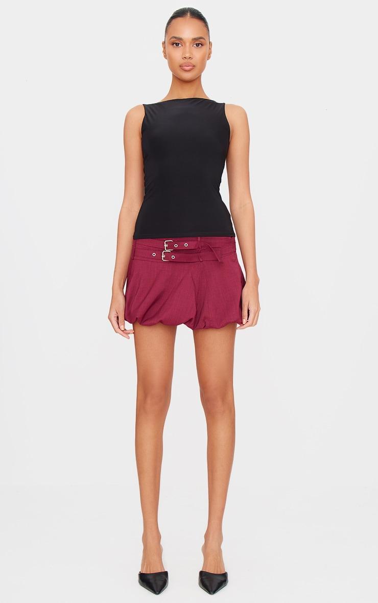 Burgundy Double Belt Detail Puffball Mini Skirt Product Image
