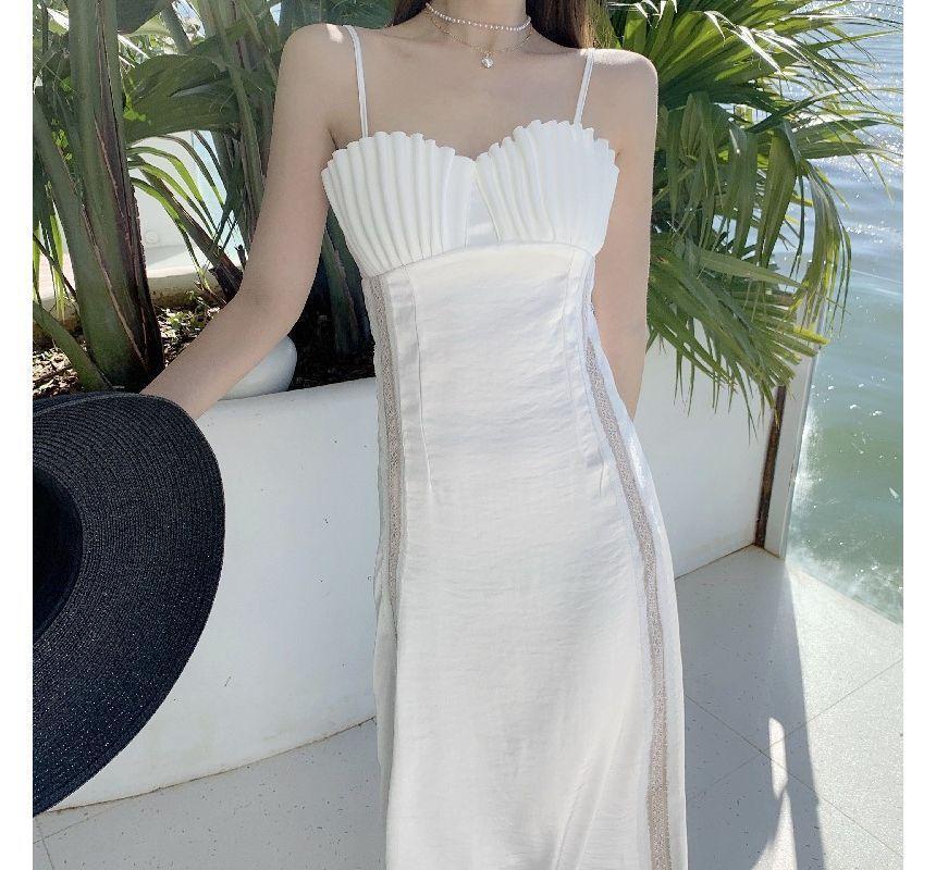 Spaghetti Strap Sweetheart Neckline Satin Midi A-Line Dress Product Image
