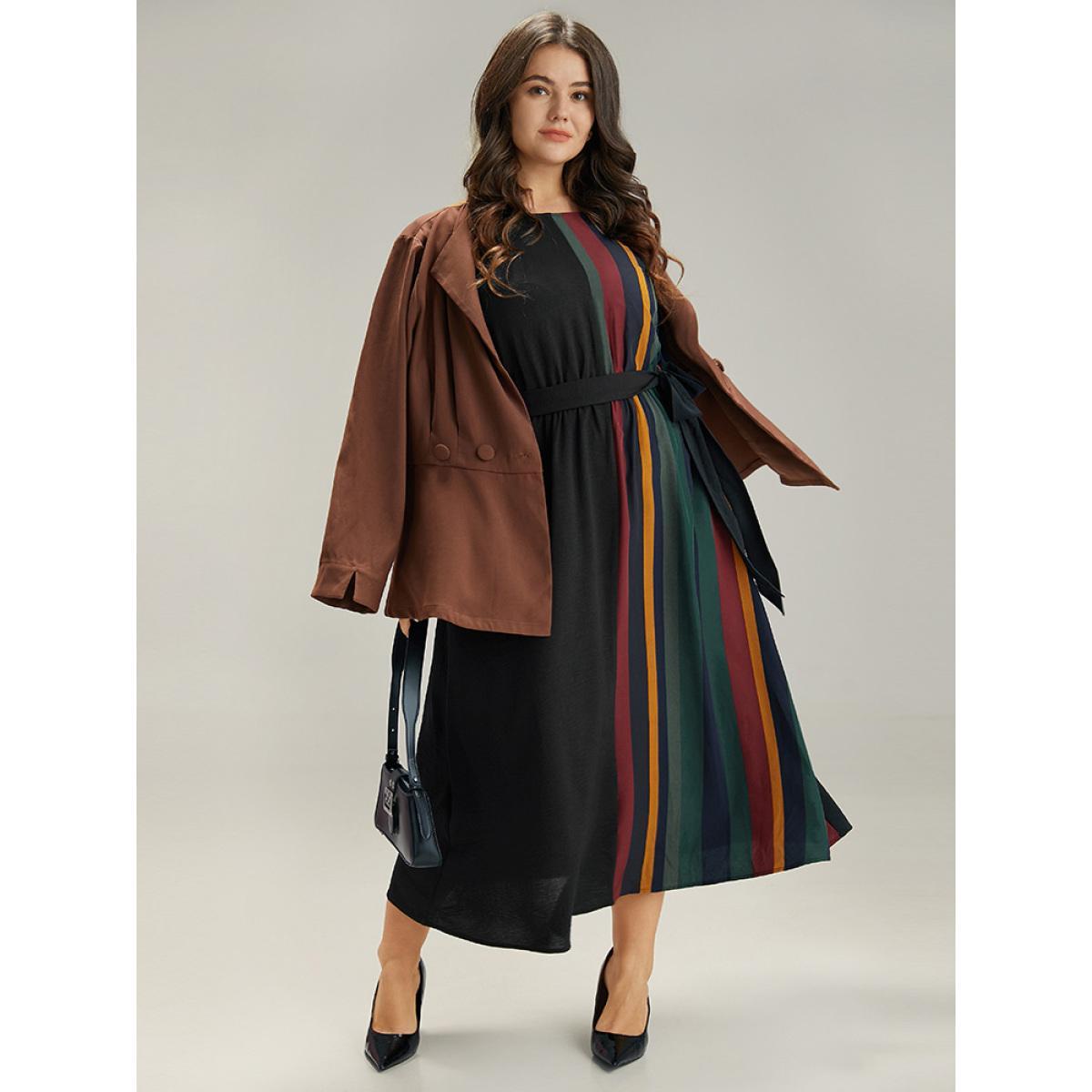 Plus Size Striped Pocket Patchwork Belted Elastic Waist Dress Black Women Office Belted Round Neck Long Sleeve Curvy Midi Dress BloomChic 28/5X Product Image