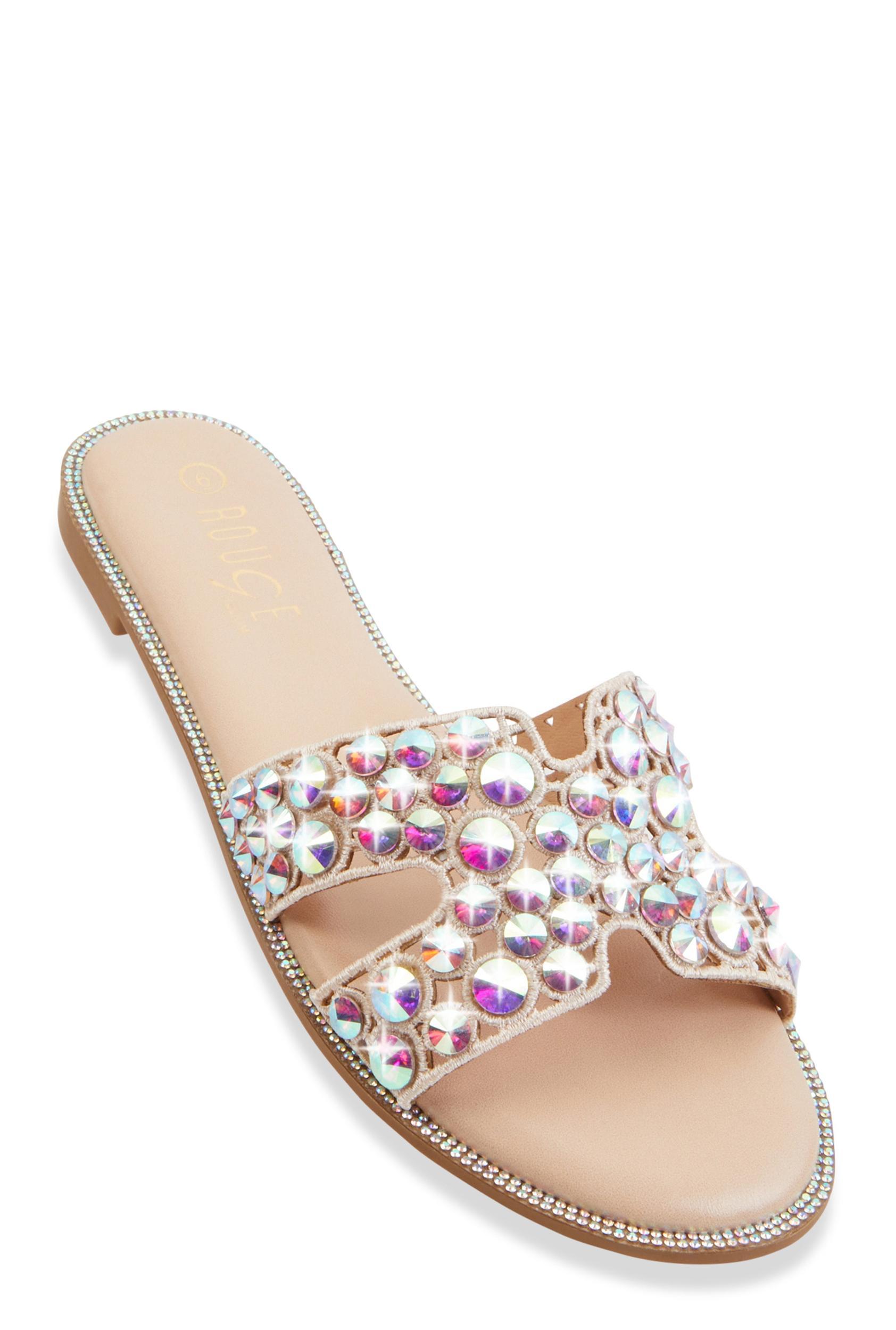 Womens Studded Rhinestone Cut Out Band Slide Sandals Product Image