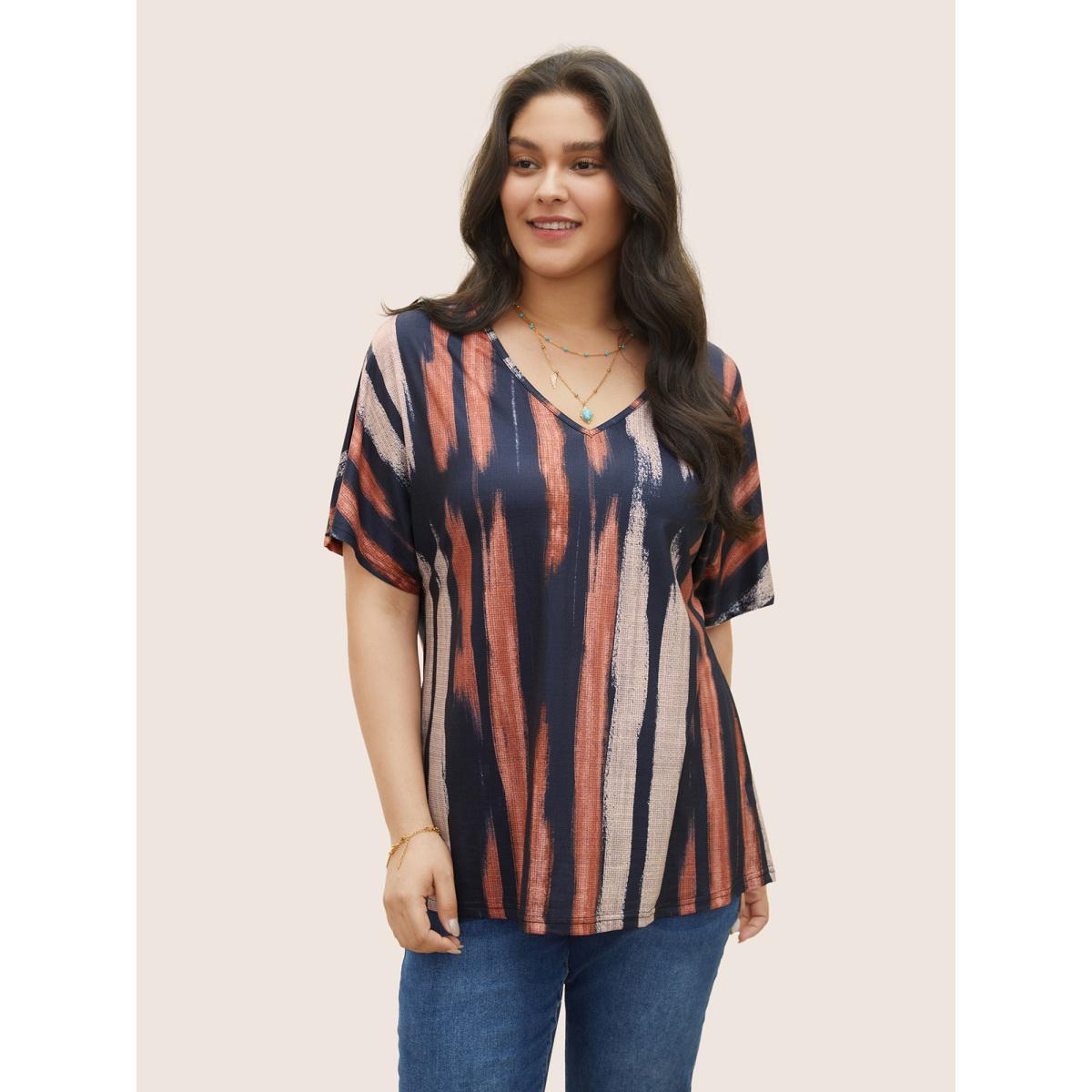 Plus Size Striped Contrast Dolman Sleeve V Neck T-shirt Midnight Women Casual Striped V-neck Everyday T-shirts BloomChic 30/6X Product Image