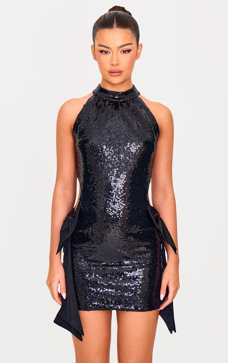 Black Sequin Cut Out Bow Detail Mini Dress Product Image
