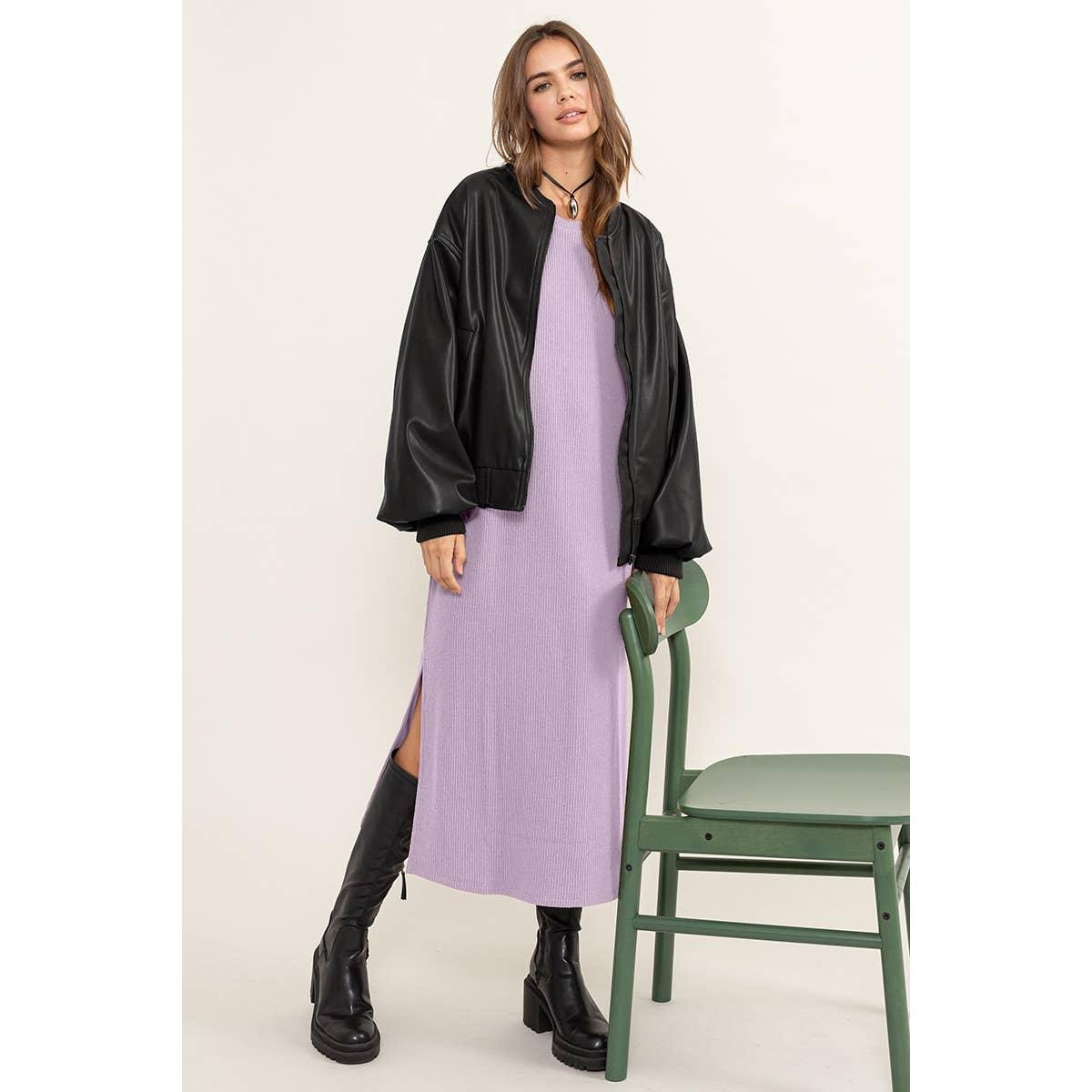 Lavender Ribbed Long Sleeve Midi Dress Product Image