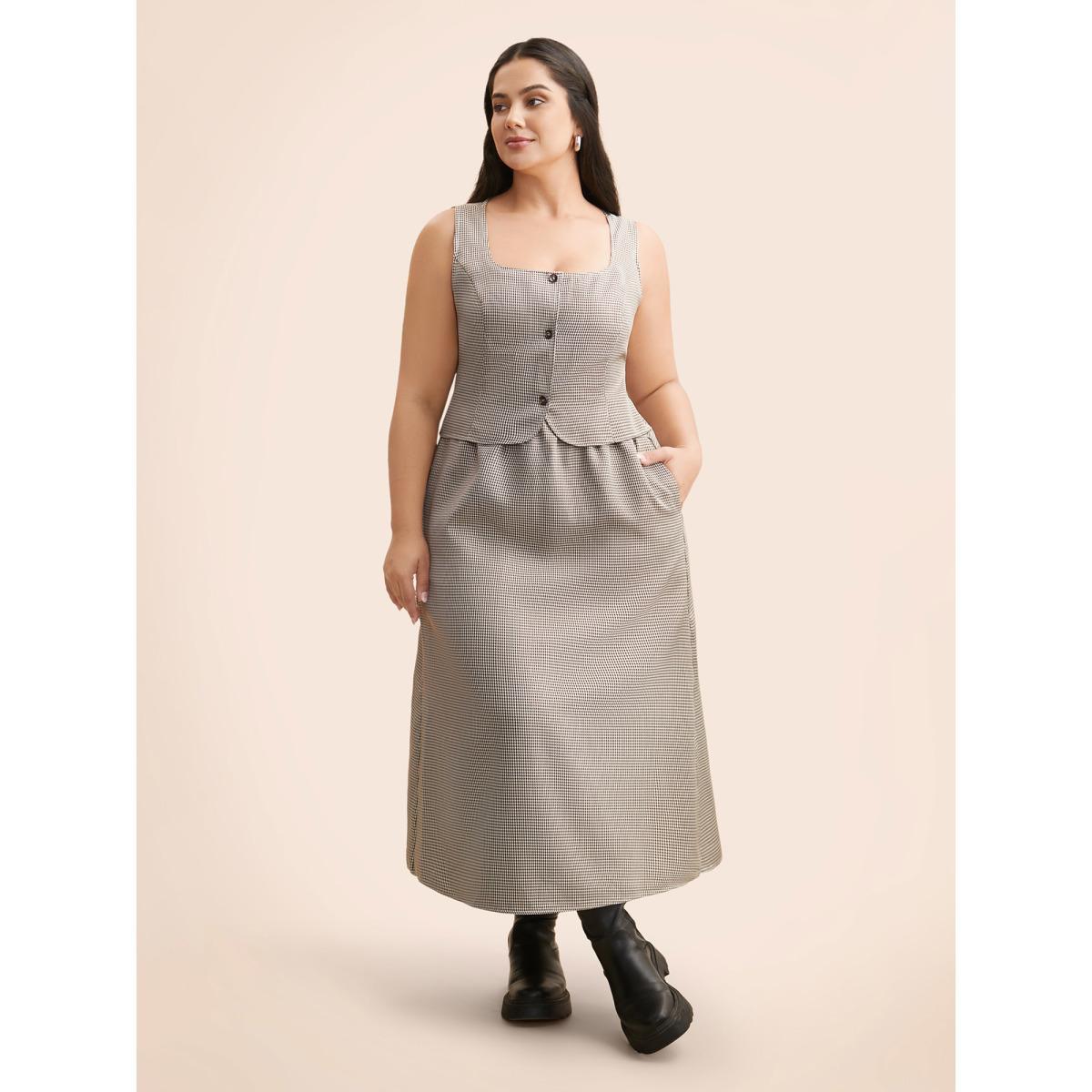 Plus Size Square Neck Houndstooth Elastic Waist Dress Browncoffeecolor Women At the Office Button Square Neck Sleeveless Curvy BloomChic 28/5X Product Image