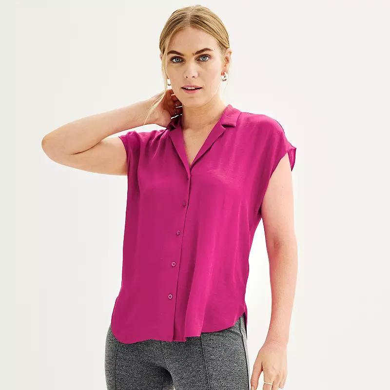 Women's Petite Nine West Short Sleeve Easy Lapel Shirt, Size: XXL Petite, Black Product Image