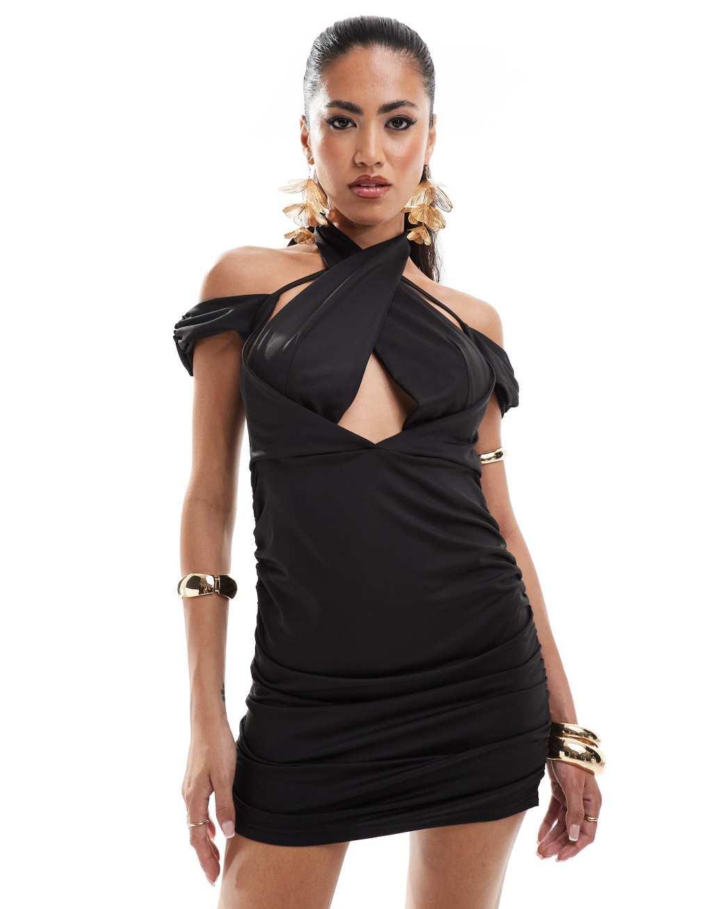 Murci deep plunge bardot sleeve mini dress in black Product Image
