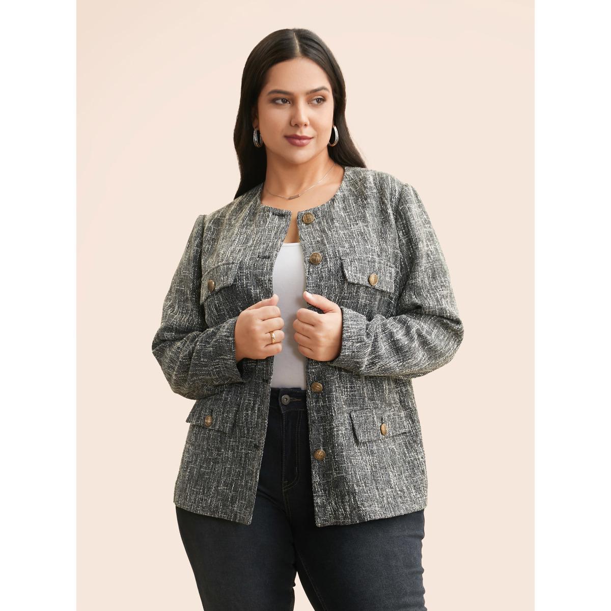 Plus Size Tweed Button Up Flap Pocket Jacket Women Black Button Open pocket with flap Everyday Jackets BloomChic 18-20/2X Product Image