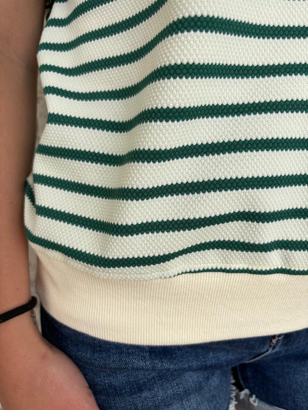 Green Stripe Scallop Lace Trim Ruffle Crewneck Top Product Image