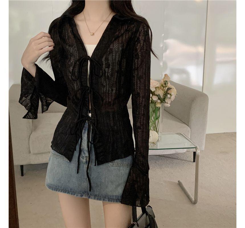 Long-Sleeve Plain Tie Front Shirt Product Image