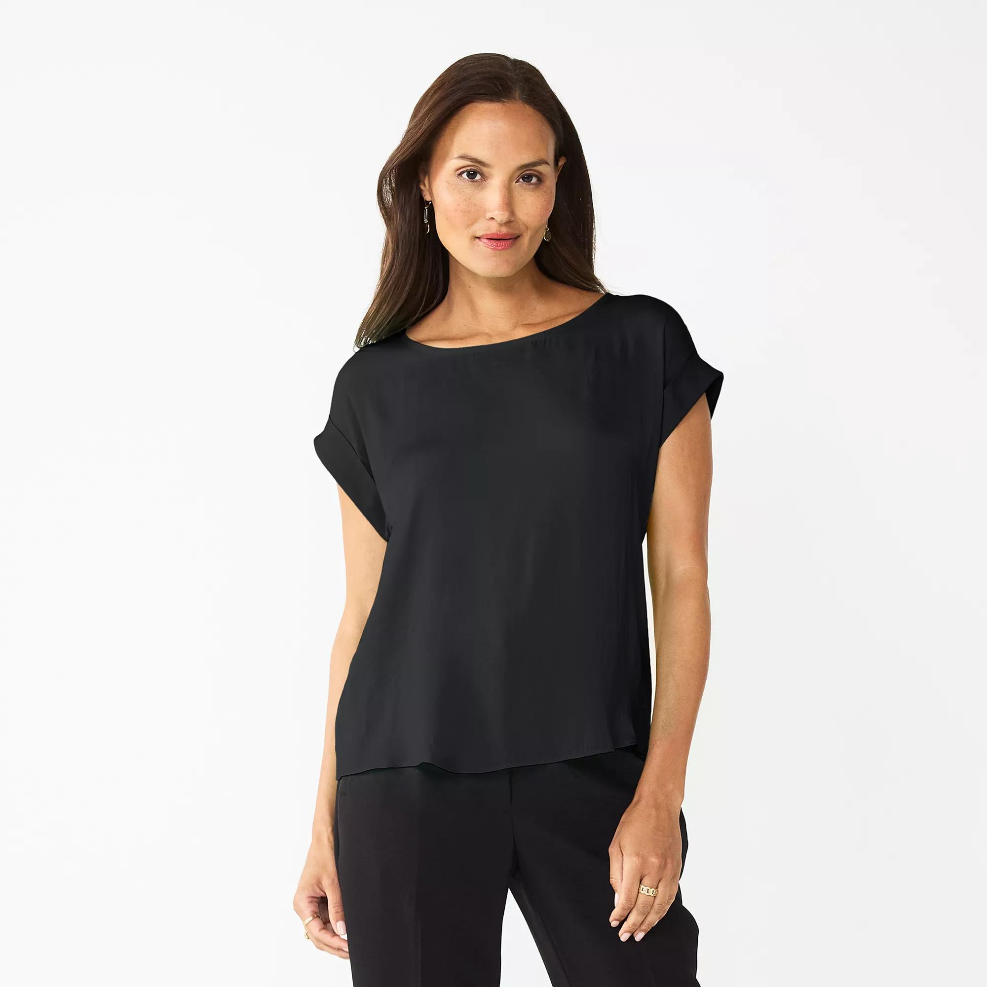 Petite Nine West Short Sleeve Silky Tee, Women's, Size: Small Petite, Black Product Image