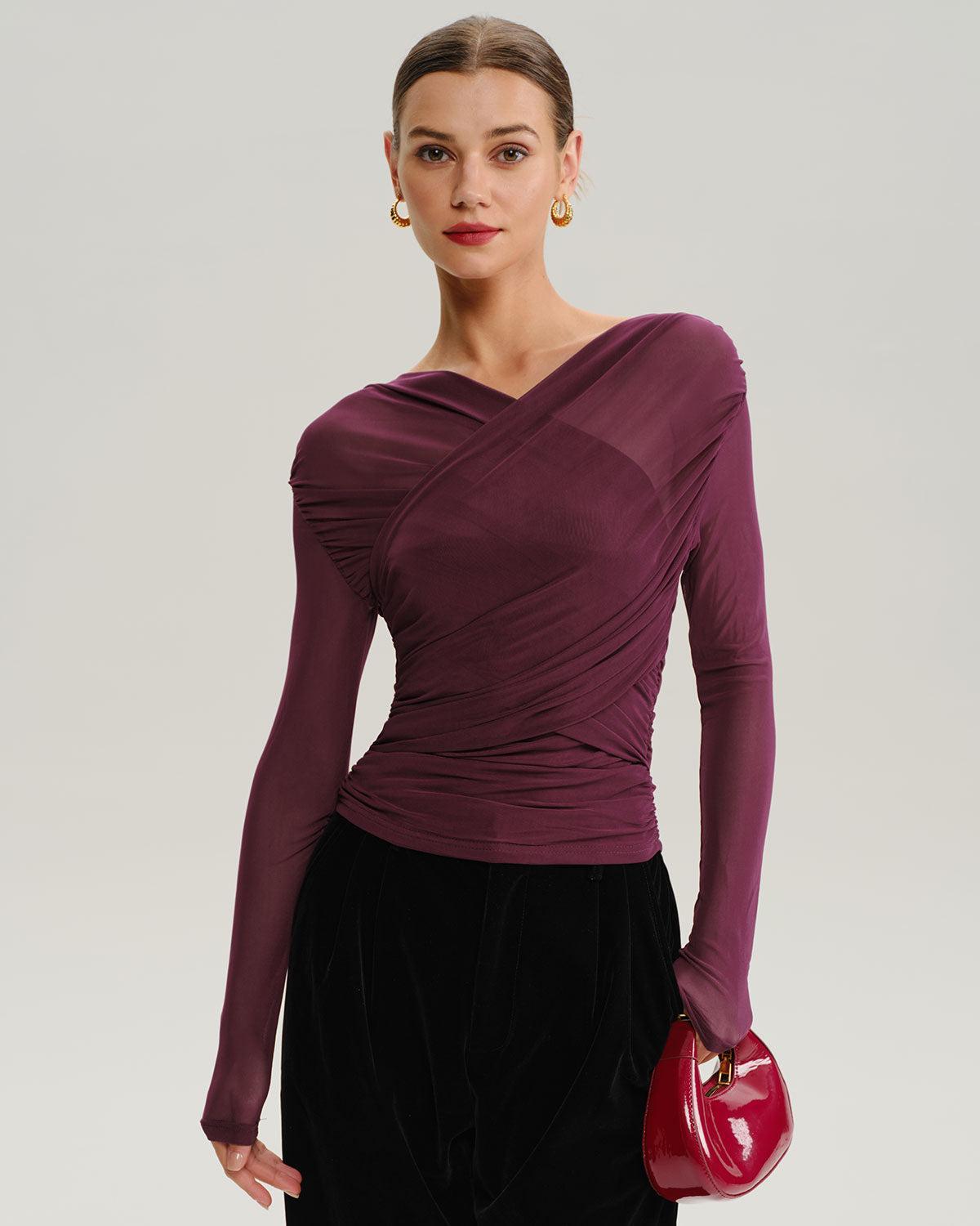 Wine Red V Neck Slim Mesh Tee Product Image
