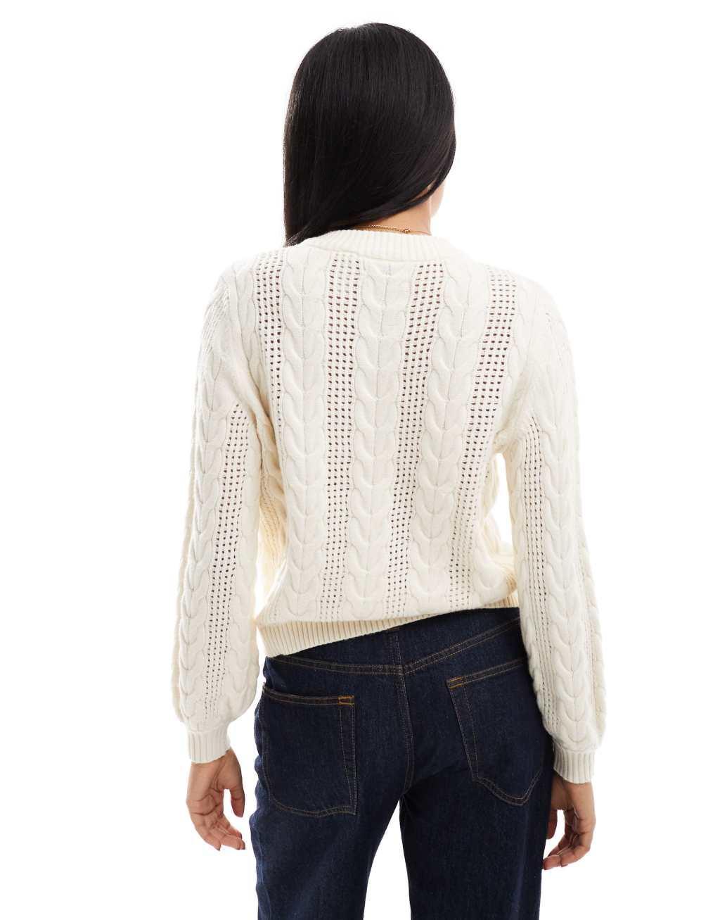 ONLY round neck cable knit sweater in cream  Product Image
