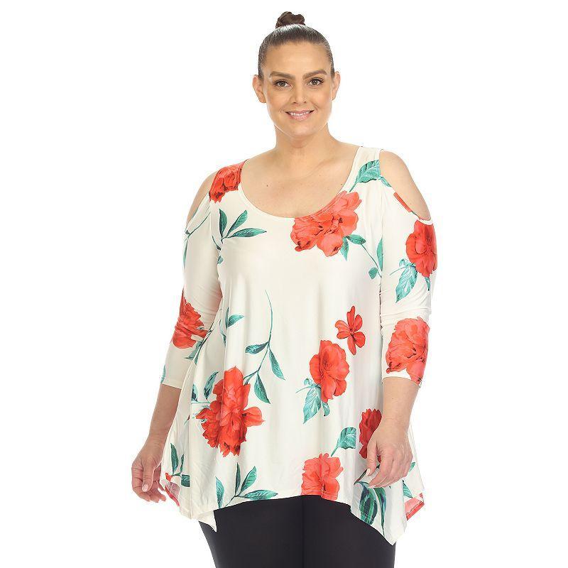 White Mark Plus Size Floral Printed Cold Shoulder Tunic Top - White Product Image