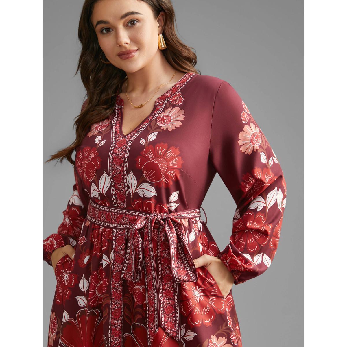 Plus Size Boho Print Belted Lantern Sleeve Dress Burgundy Women Cocktail Belted Notched collar Long Sleeve Curvy BloomChic 22-24/3X Product Image