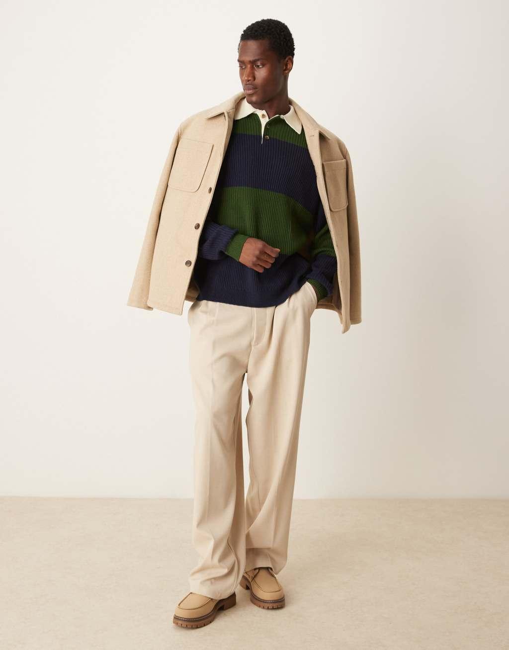 ASOS DESIGN relaxed knitted rugby polo in green and navy stripe Product Image