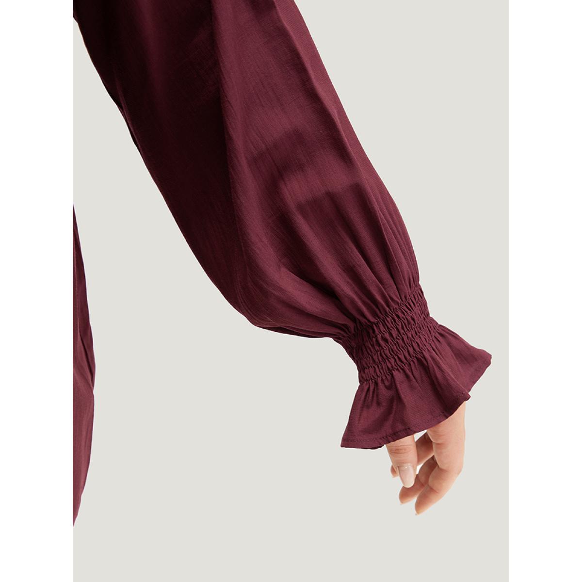 Plus Size Burgundy Supersoft Essentials Plain Plicated Detail Ruffle Trim Blouse Women Office Long Sleeve Round Neck Work Blouses BloomChic 12/L Product Image