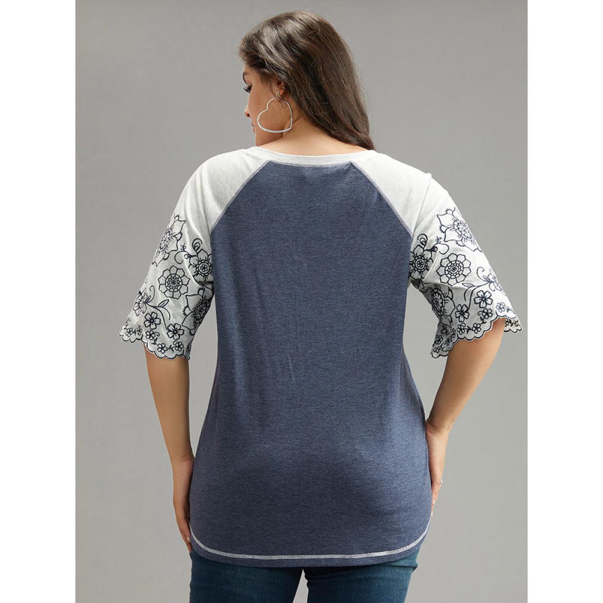 Plus Size Contrast Embroidered Scalloped Trim T-shirt Indigo Women Elegant Contrast Silhouette Floral Print Round Neck Dailywear T-shirts BloomChic 18-20/2X Product Image