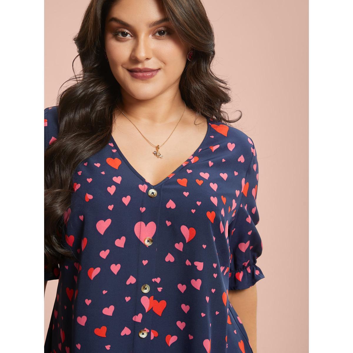 Plus Size Indigo Heart Pattern Button Detail Ruffle Blouse Women Elegant Short sleeve V-neck Everyday Blouses BloomChic 26/4X Product Image