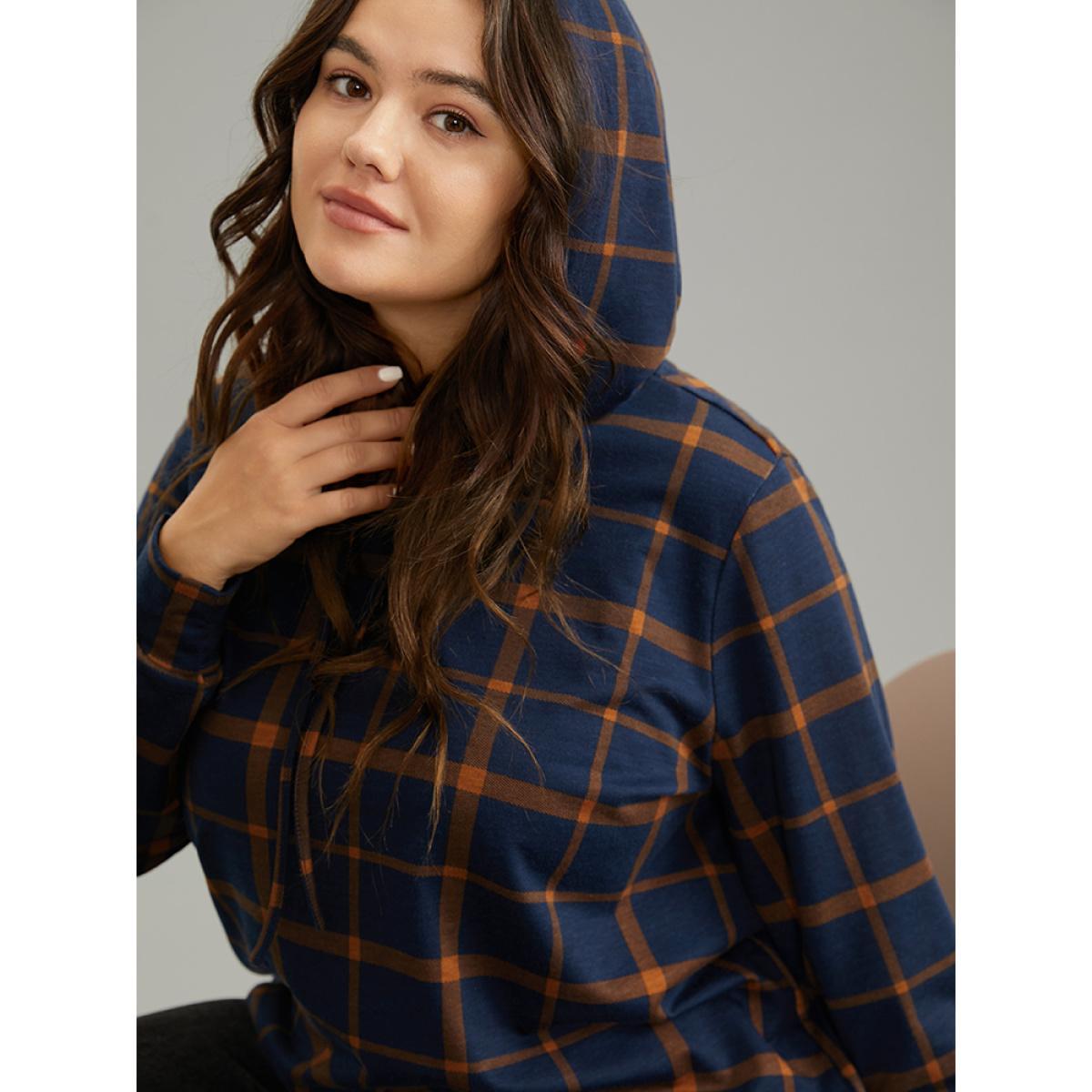 Plus Size Contrast Plaid Hooded Drawstring Sweatshirt Women DarkBlue Casual Contrast Hooded Dailywear Sweatshirts BloomChic 10/M Product Image
