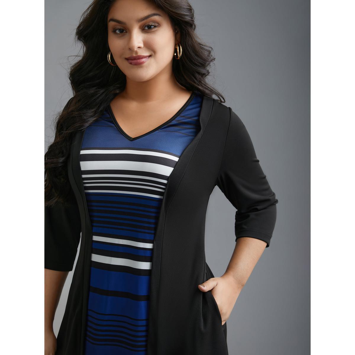 Plus Size Striped Patchwork Contrast Knit Dress Black Women Elegant Contrast Knit Dresses Bloomchic 12/L Product Image