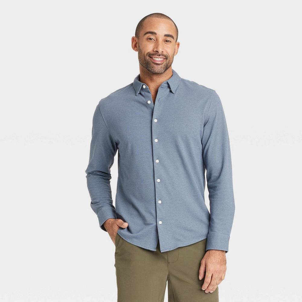 Men's Long Sleeve Casual Dress Shirt - Goodfellow & Co™ Dark Blue XXL: Button Down, French Cuff, Knit Fabric Product Image