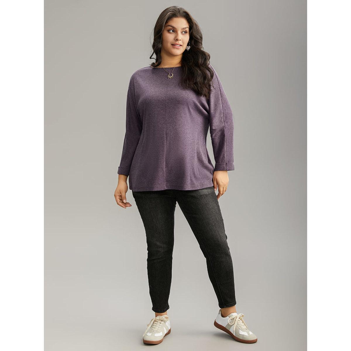 Plus Size Solid Heather Round Neck Roll Dolman Sleeve T-shirt Mauve Women Casual Plain Plain Round Neck Dailywear T-shirts BloomChic 30/6X Product Image