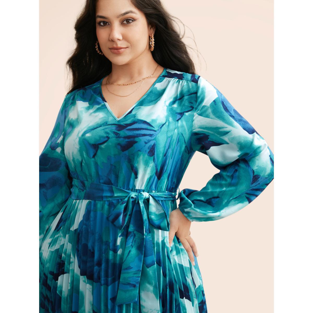 Plus Size Watercolor Floral Pleated Belted Dress DarkBlue Women Elegant Belted V-neck Long Sleeve Curvy BloomChic 30/6X Product Image