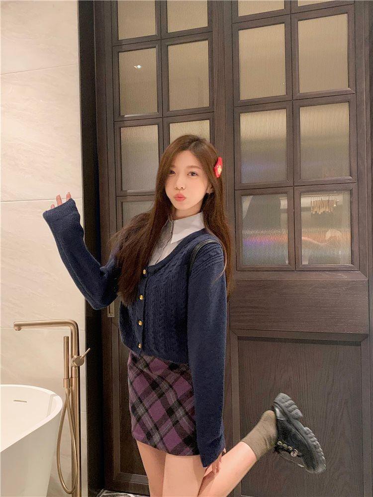 Mock Two-Piece Collar Cable Knit Cardigan / High Rise Plaid Mini Pencil Skirt Product Image