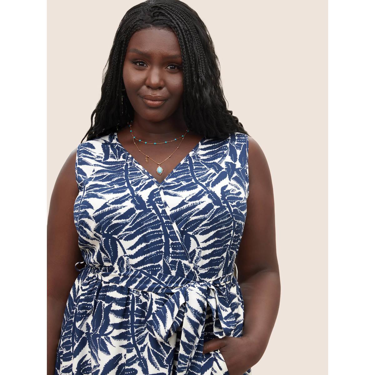 Plus Size Plants Wrap Pocket Sleeveless Belted Dress DarkBlue Women Resort Non Overlap Collar Sleeveless Curvy Midi Dress BloomChic 10/M Product Image