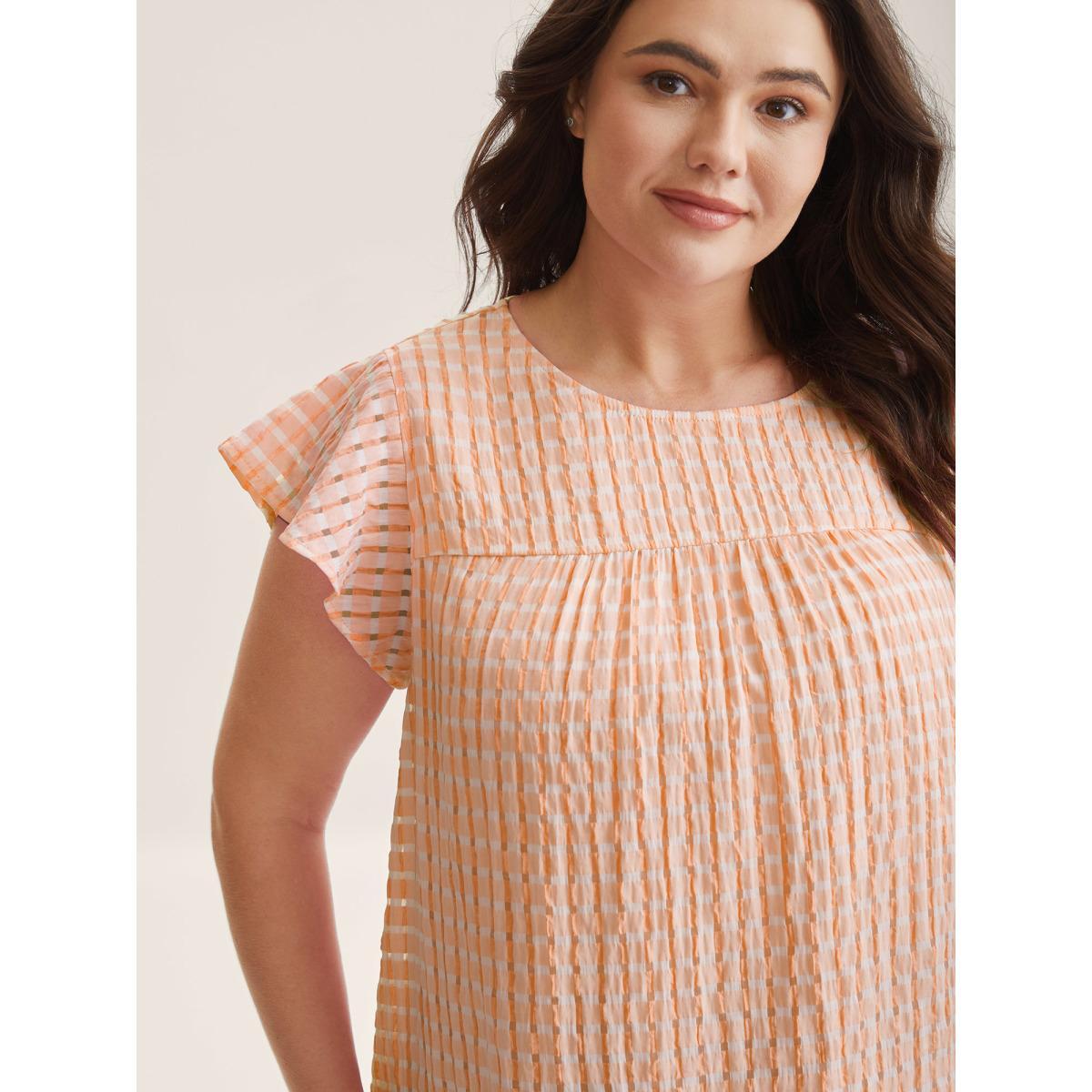 Plus Size Coral Textured Sheer Lined Flutter Sleeve Blouse Women Cap Sleeve Round Neck Everyday-Casual Blouses BloomChic 18-20/2X Product Image