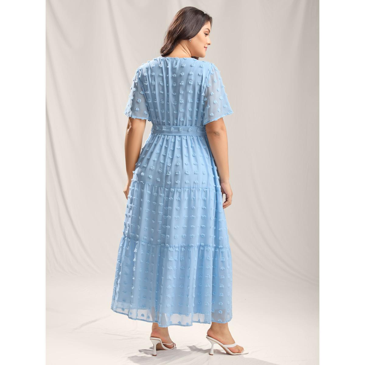Plus Size Fur Ball Textured Mesh Belted Midi Dress Skyblue Women Overlap Collar Short sleeve Curvy BloomChic 14-16/1X Product Image