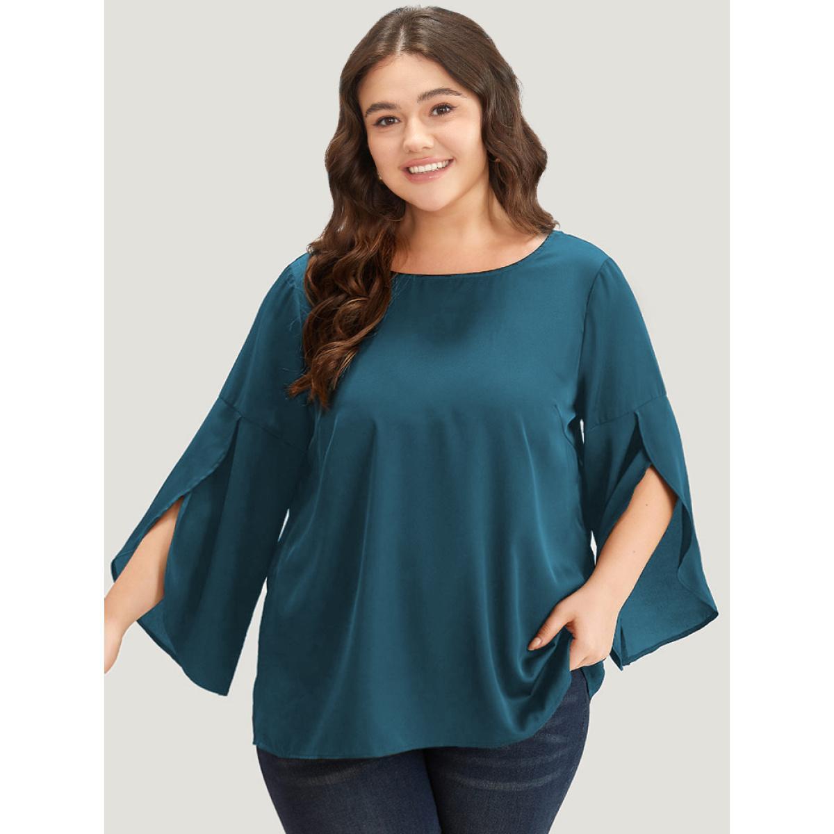 Plus Size Aegean Plain Wrap Flutter Sleeve Crew Neck Blouse Women Office Elbow-length sleeve Round Neck Work Blouses BloomChic 12/L Product Image