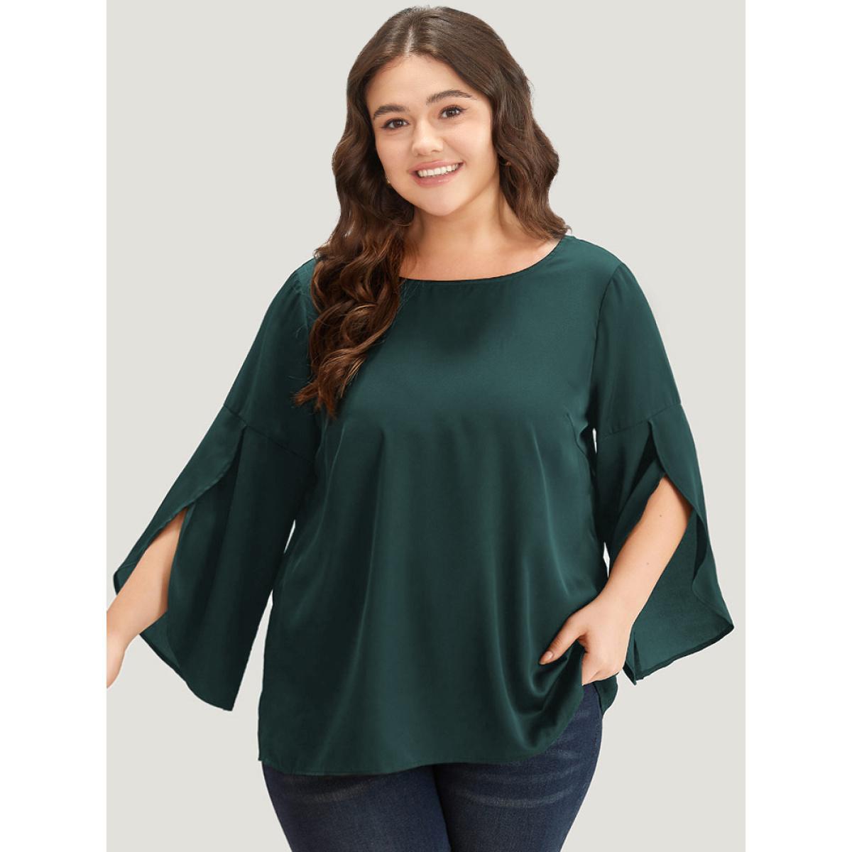 Plus Size DarkGreen Plain Wrap Flutter Sleeve Crew Neck Blouse Women Office Elbow-length sleeve Round Neck Work Blouses BloomChic 22-24/3X Product Image