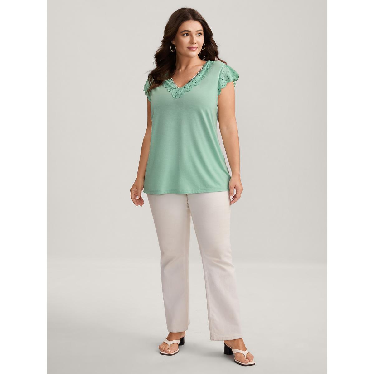 Plus Size Webbed Lace V-Neck Solid T-Shirt Mint Women Woven ribbon&lace trim V-neck Everyday-Elegant T-shirts BloomChic 12/L Product Image