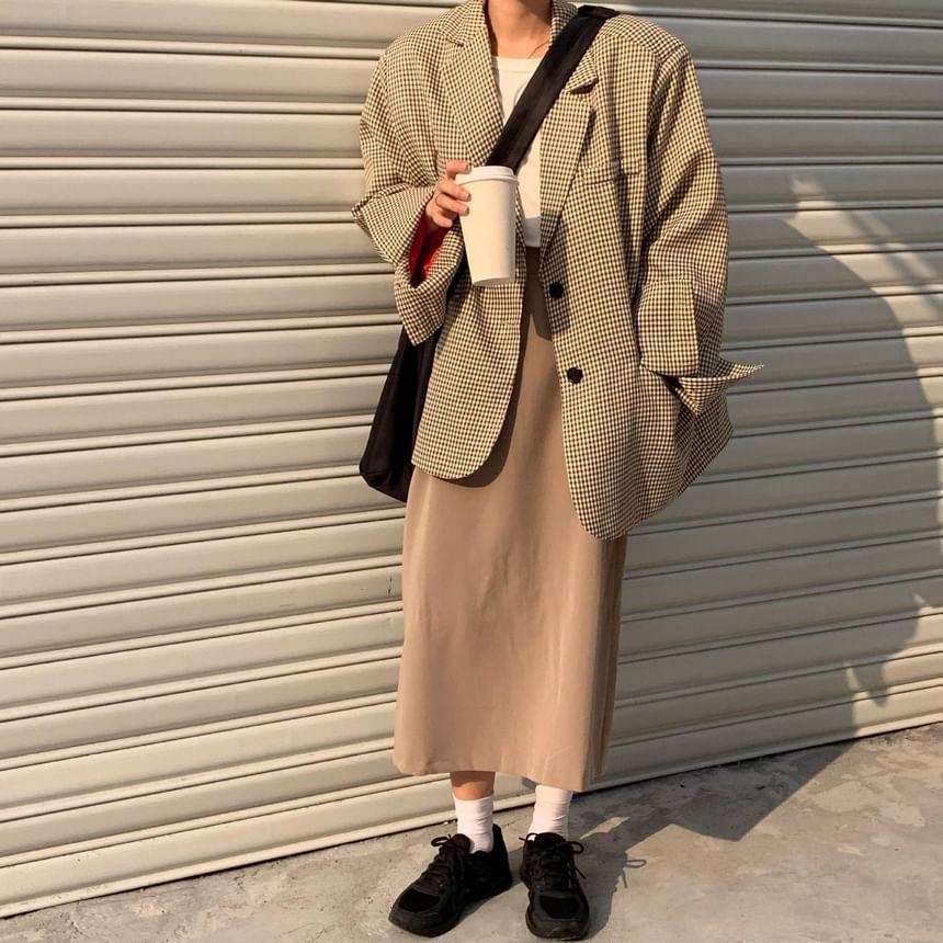 Plaid Single-Breasted Blazer / High Waist Midi A-Line Skirt Product Image