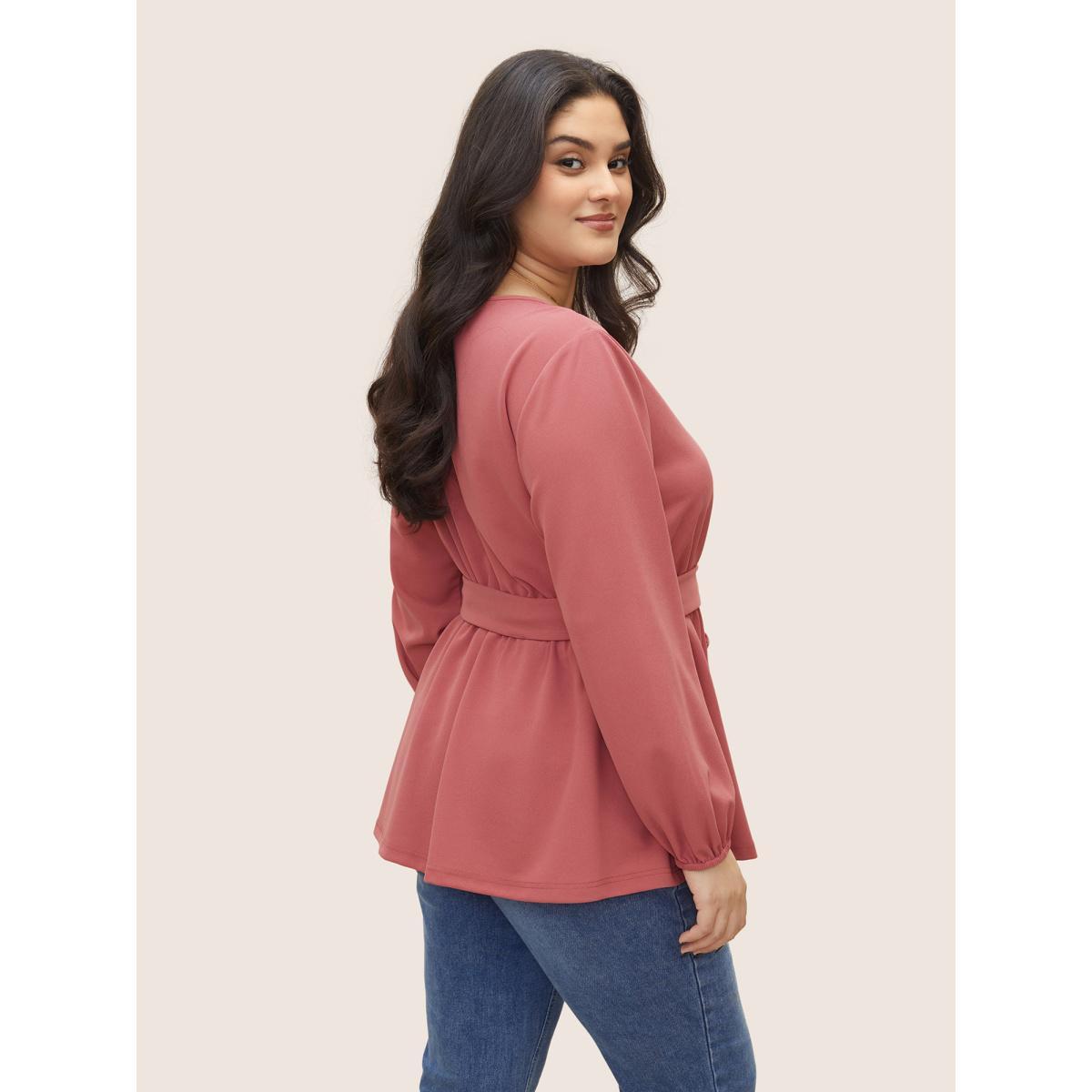 Plus Size DustyPink Asymmetrical Neck Belted Lantern Sleeve Blouse Women Work From Home Long Sleeve Asymmetrical Neck Work Blouses BloomChic 12/L Product Image