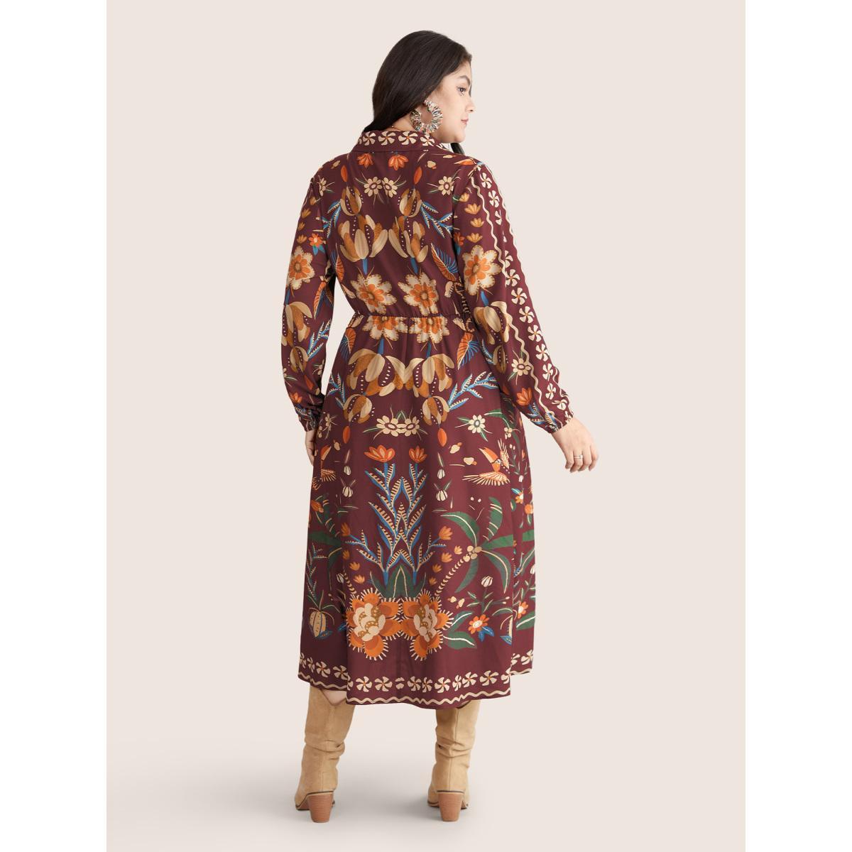 Plus Size Bandana Print Pocket Lapel Collar Elastic Cuffs Dress Scarlet Women Resort Non V-neck Long Sleeve Curvy Midi Dress BloomChic 10/M Product Image
