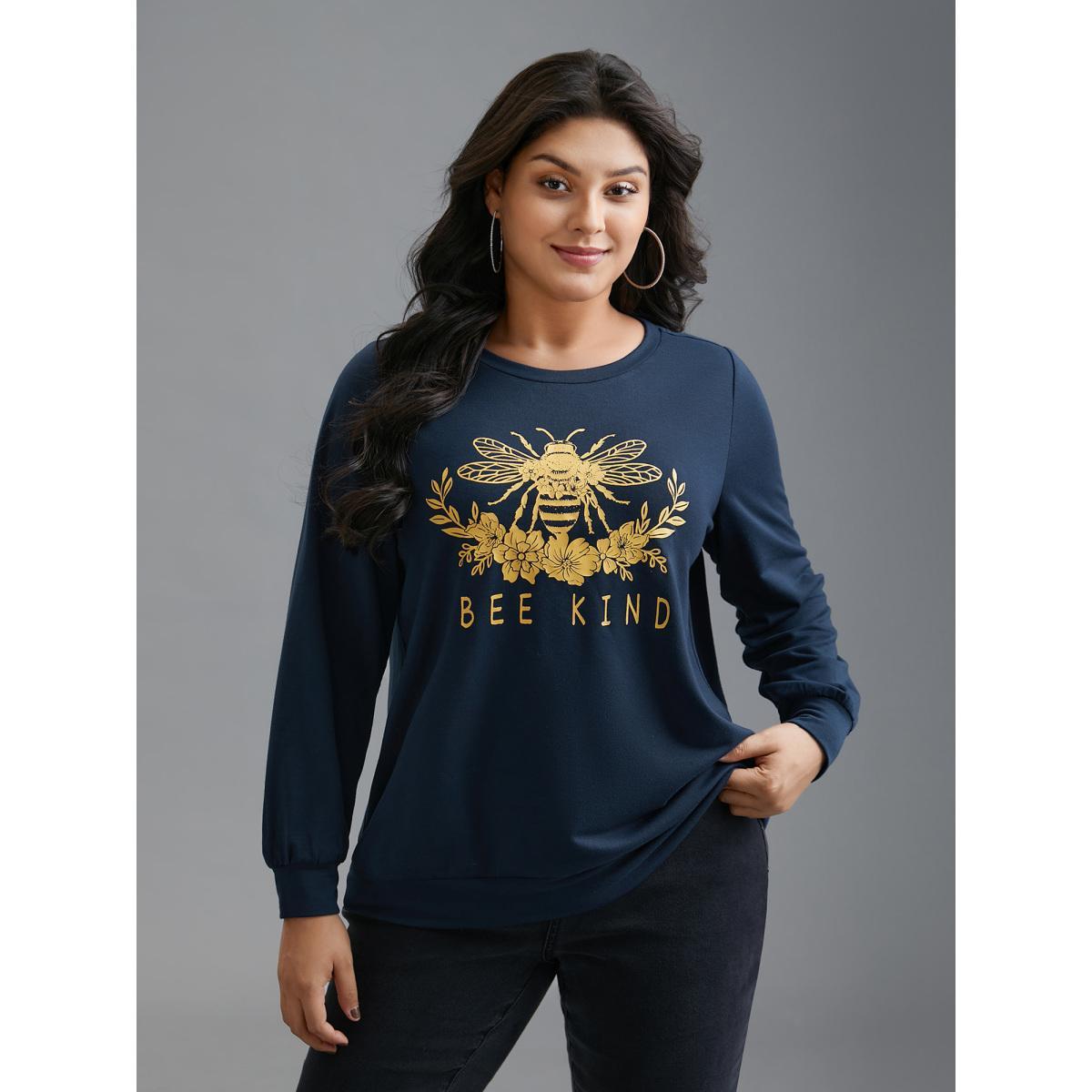 Plus Size Bee Kind Motif Round Neck Sweatshirt Women Midnight Casual Non Round Neck Everyday Sweatshirts BloomChic 22-24/3X Product Image
