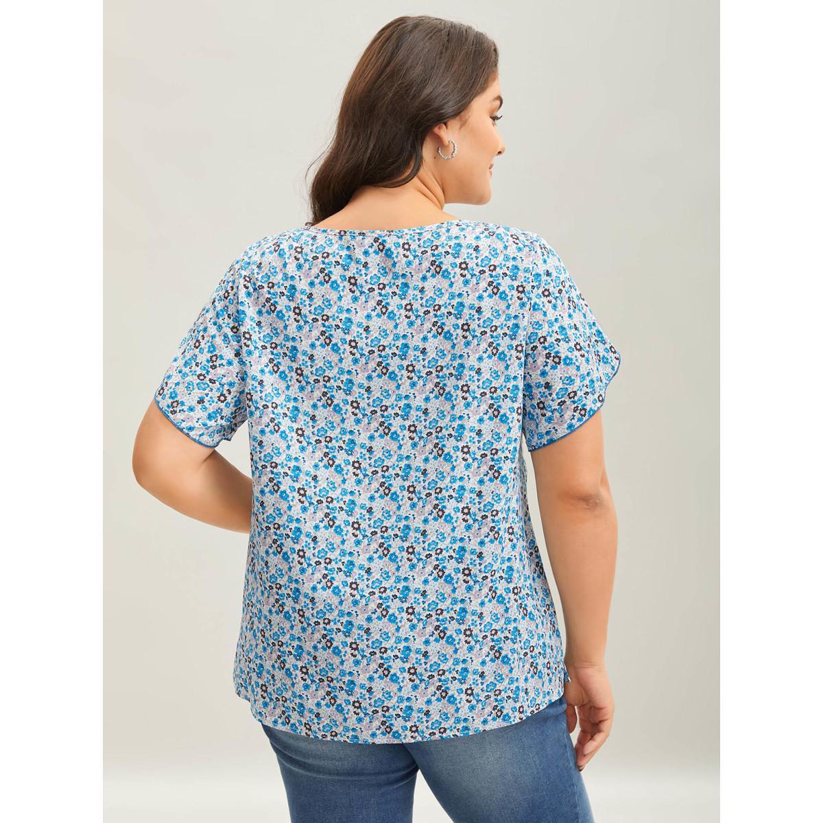 Plus Size Skyblue Floral Print Petal Sleeve Pleated Neck Blouse Women Short sleeve Round Neck Everyday-Elegant Blouses BloomChic 22-24/3X Product Image