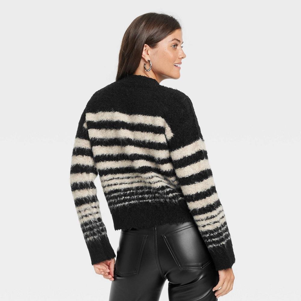 Womens Boucle Crew Neck Pullover Sweater - Universal Thread Black/Cream Striped XS: Recycled Polyester, Midweight, Long Sleeve Product Image